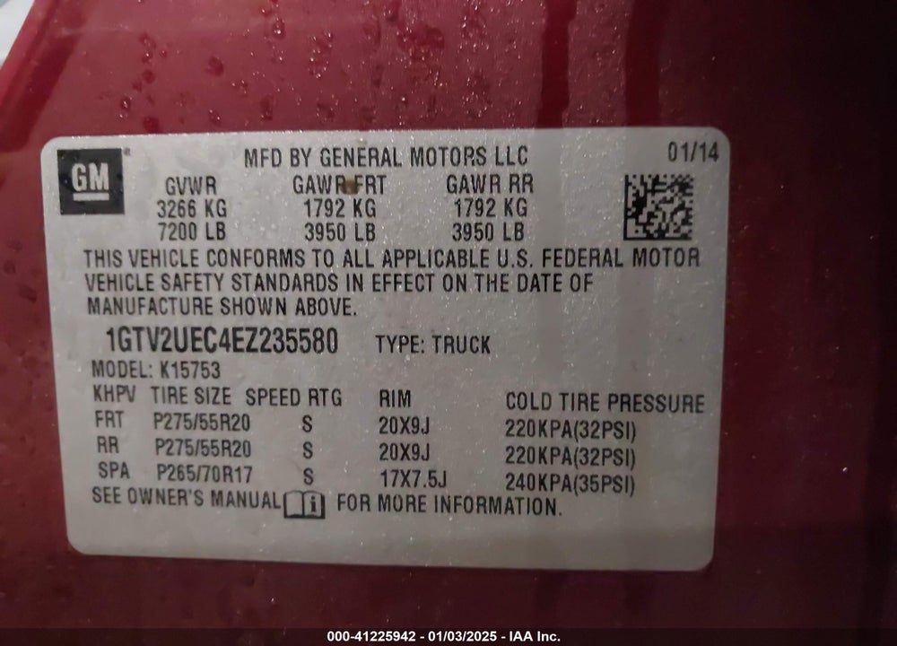 2014 GMC SIERRA 1500 VIN: 1GTV2UEC4EZ235580