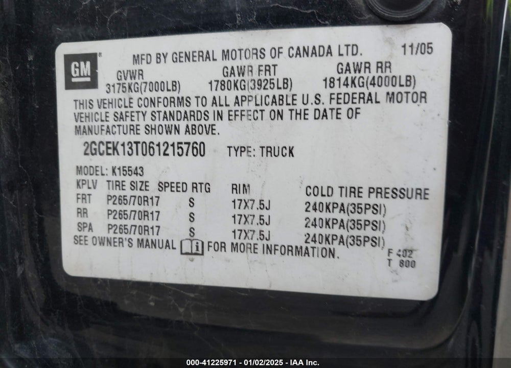 2006 CHEVROLET SILVERADO 1500 LT3 VIN: 2GCEK13T061215760