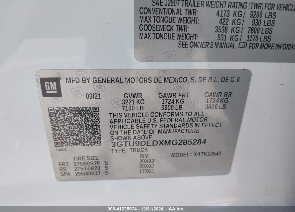 2021 GMC SIERRA 1500 VIN: 3GTU9DEDXMG285284