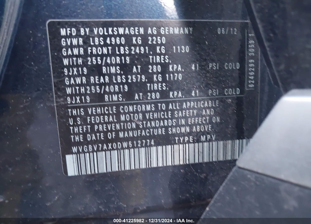 2013 VOLKSWAGEN TIGUAN SEL VIN: WVGBV7AX0DW512774
