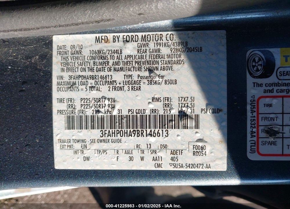 2011 FORD FUSION VIN: 3FAHP0HA9BR146613