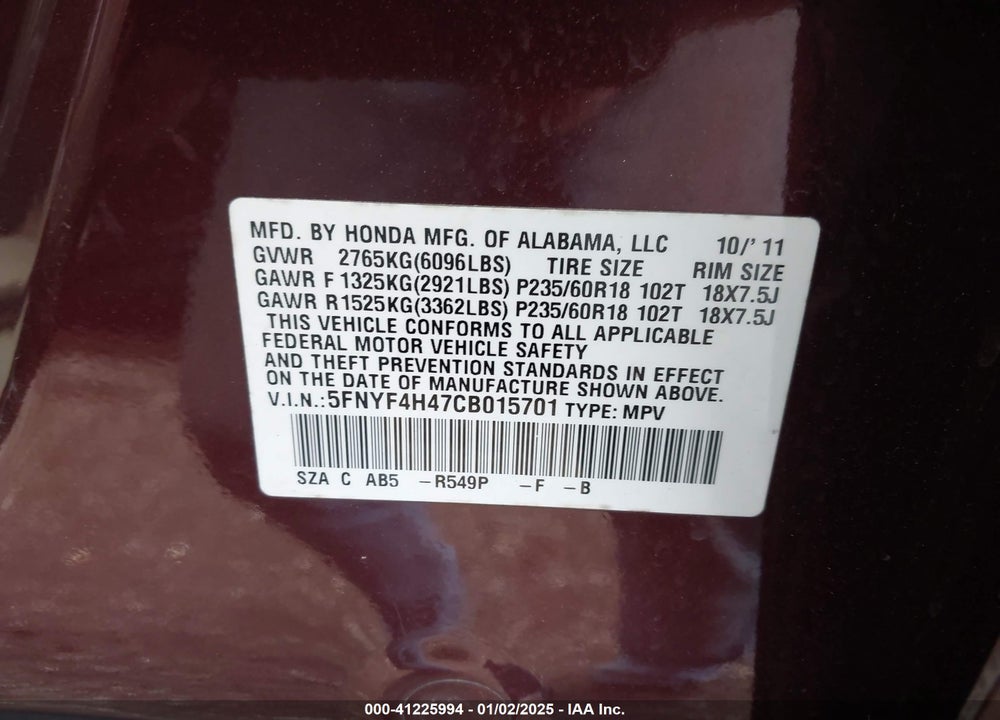 2012 HONDA PILOT EX VIN: 5FNYF4H47CB015701