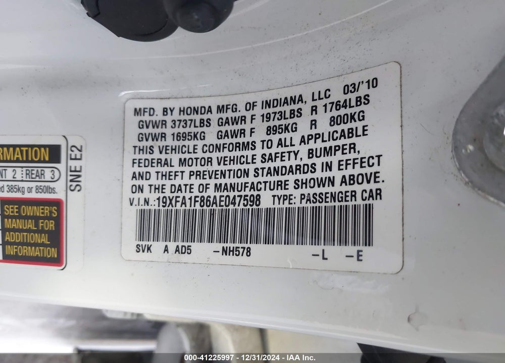 2010 HONDA CIVIC EX VIN: 19XFA1F86AE047598