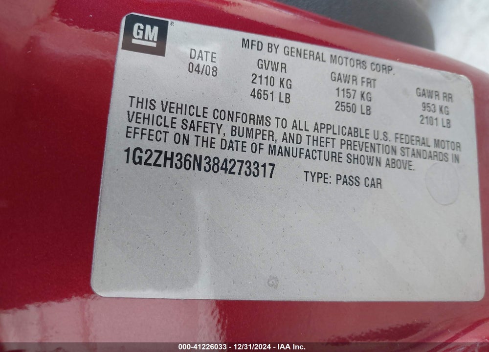 2008 PONTIAC G6 VIN: 1G2ZH36N384273317