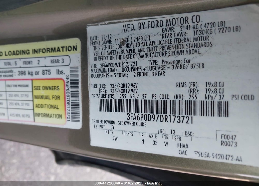 2013 FORD FUSION VIN: 3FA6P0D97DR173721