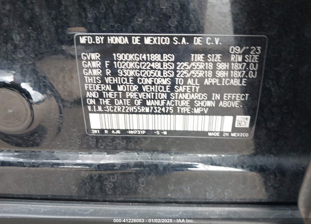 2024 HONDA HR-V AWD SPORT/AWD SPORT W/O BSI VIN: 3CZRZ2H55RM732475
