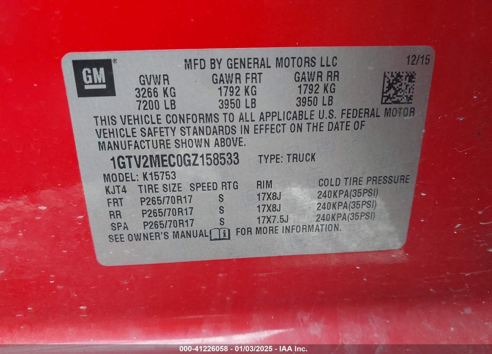 2016 GMC SIERRA 1500 VIN: 1GTV2MEC0GZ158533