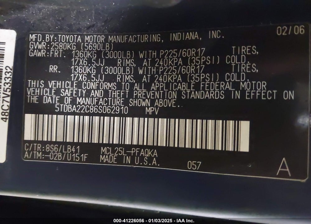 2006 TOYOTA SIENNA XLE LIMITED VIN: 5TDBA22C86S062910