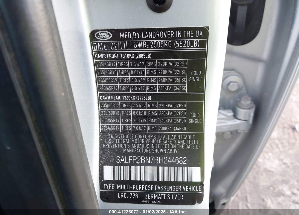 2011 LAND ROVER LR2 VIN: SALFR2BN7BH244682