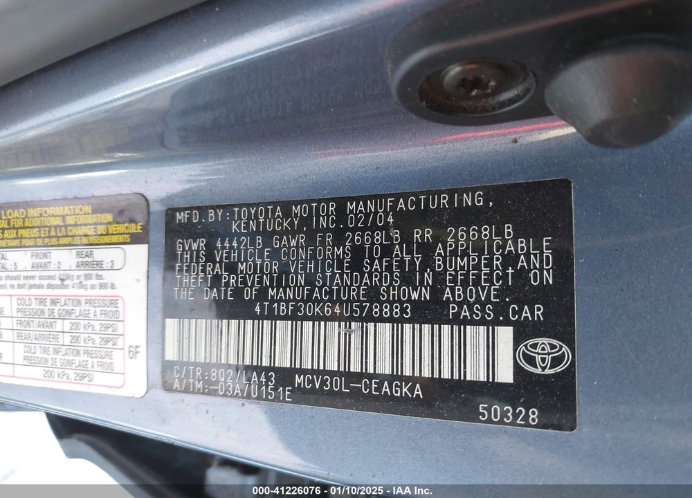 2004 TOYOTA CAMRY XLE V6 VIN: 4T1BF30K64U578883