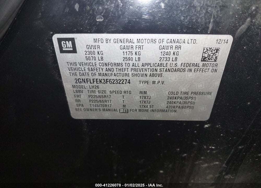 2015 CHEVROLET EQUINOX 1LT VIN: 2GNFLFEK3F6232274