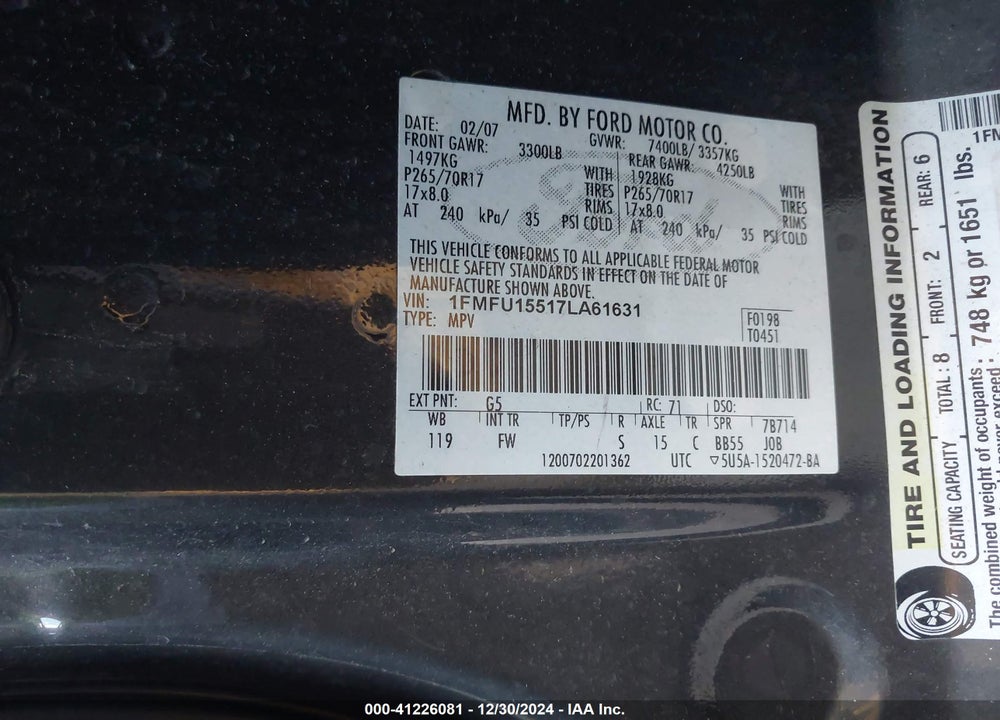 2007 FORD EXPEDITION XLT VIN: 1FMFU15517LA61631