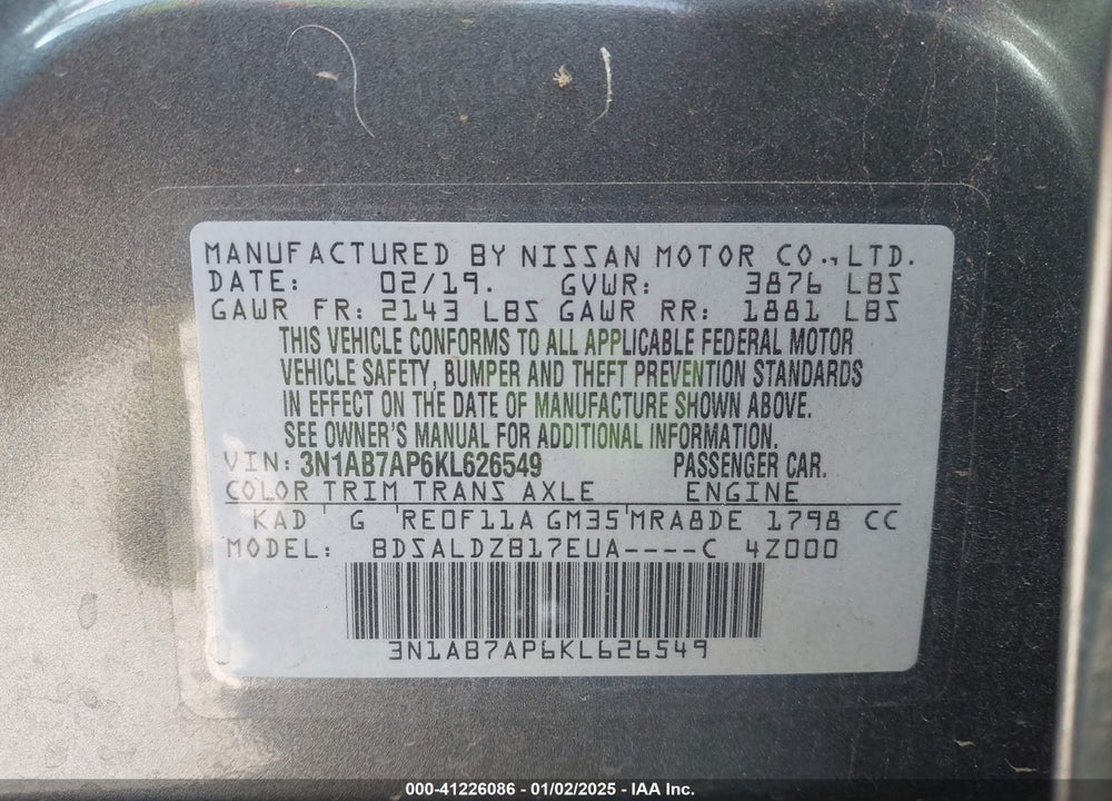 2019 NISSAN SENTRA VIN: 3N1AB7AP6KL626549