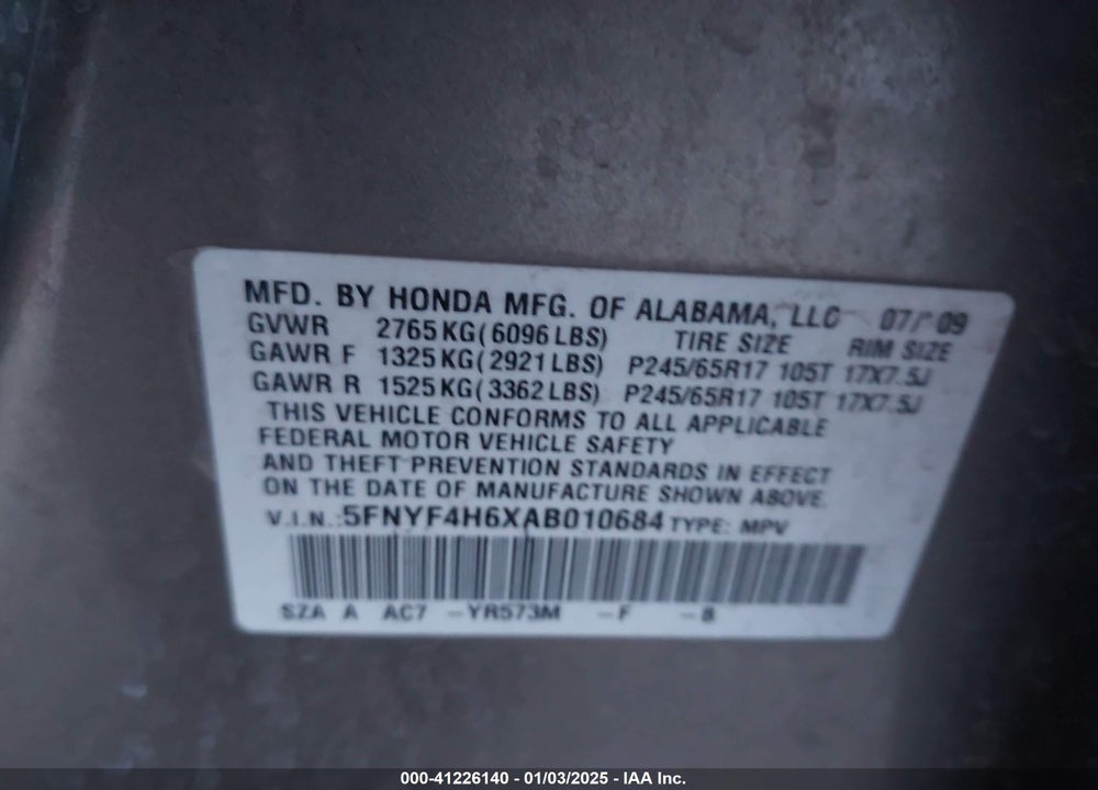 2010 HONDA PILOT EX-L VIN: 5FNYF4H6XAB010684