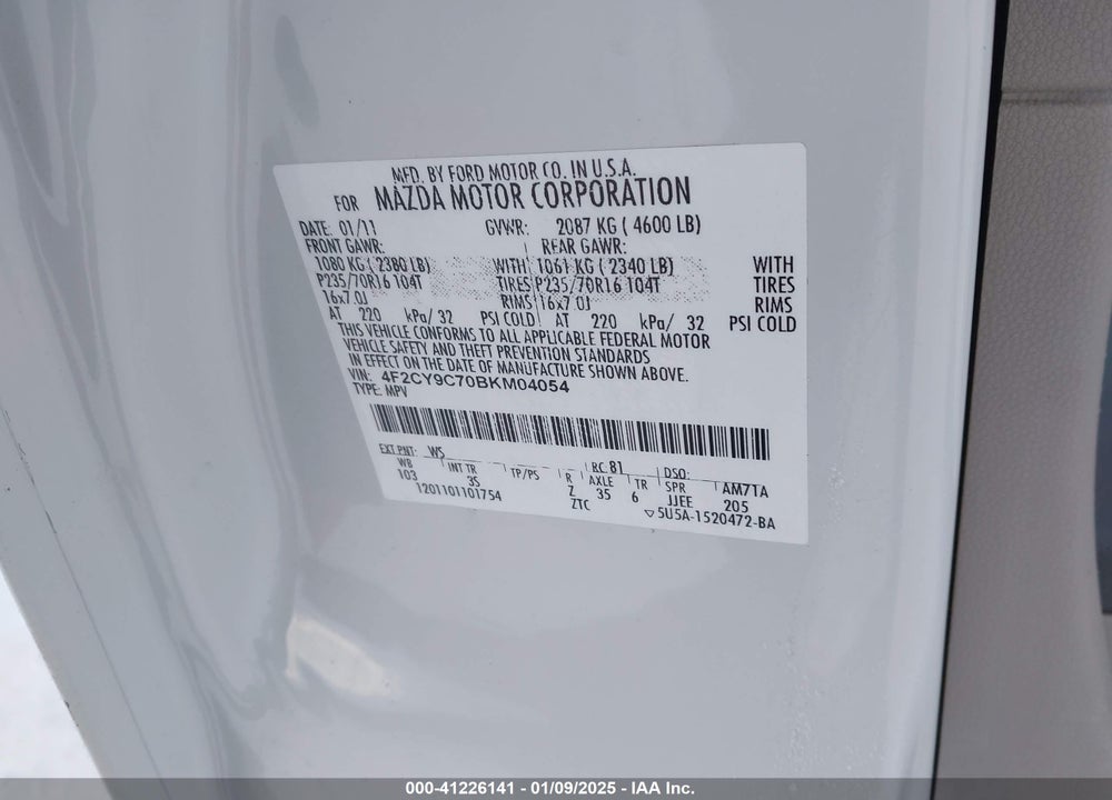 2011 MAZDA TRIBUTE I SPORT VIN: 4F2CY9C70BKM04054