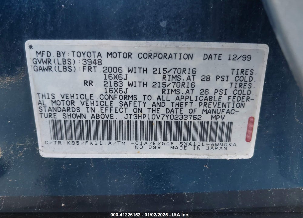 2000 TOYOTA RAV4 VIN: JT3HP10V7Y0233762