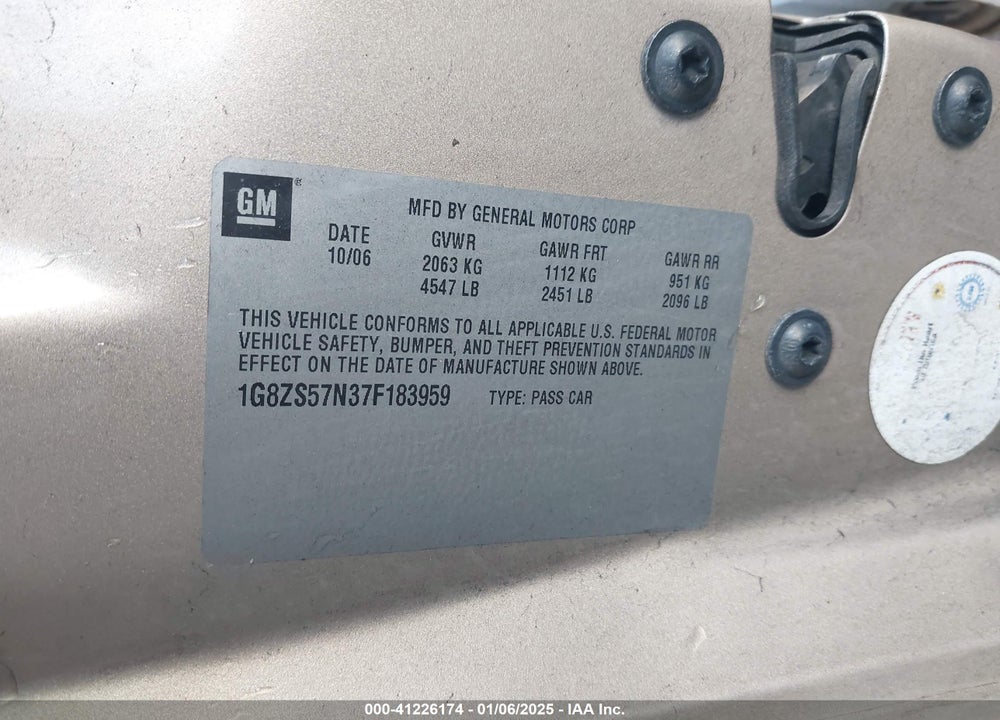 2007 SATURN AURA XE VIN: 1G8ZS57N37F183959