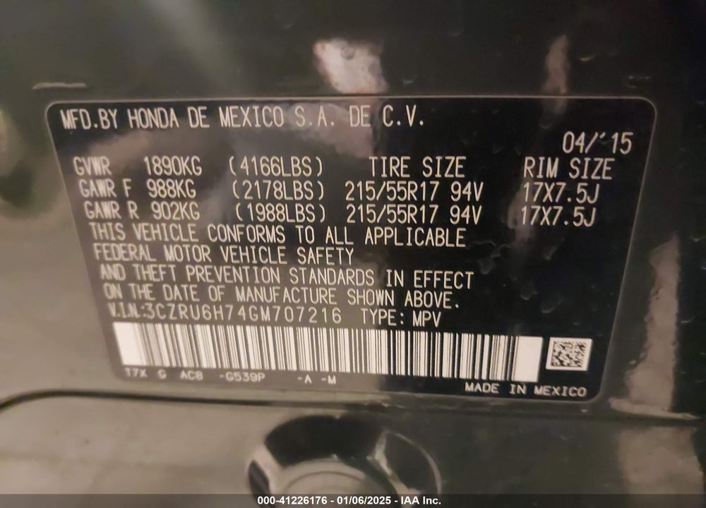 2016 HONDA HR-V EX-L VIN: 3CZRU6H74GM707216