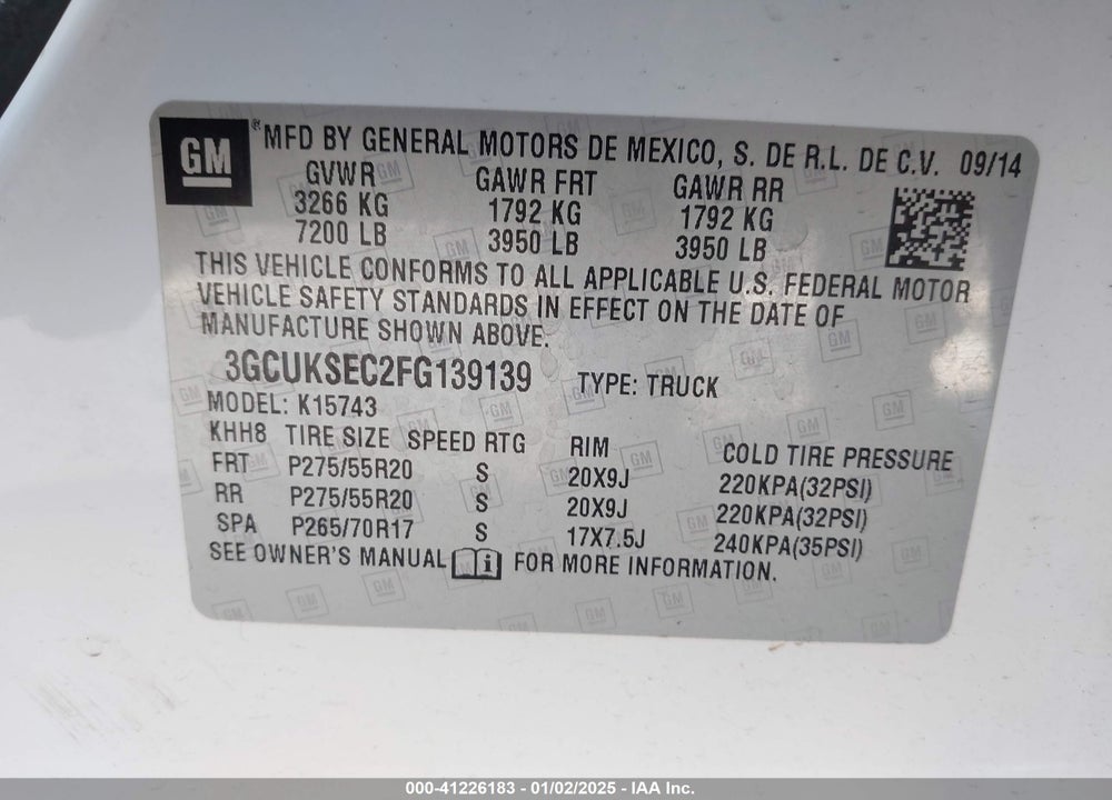 2015 CHEVROLET SILVERADO 1500 VIN: 3GCUKSEC2FG139139