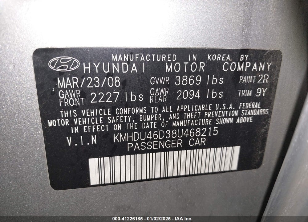 2008 HYUNDAI ELANTRA VIN: KMHDU46D38U468215