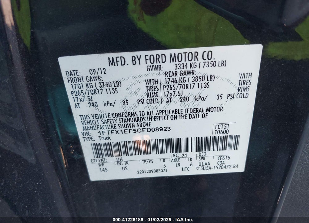 2012 FORD F-150 VIN: 1FTFX1EF5CFD08923