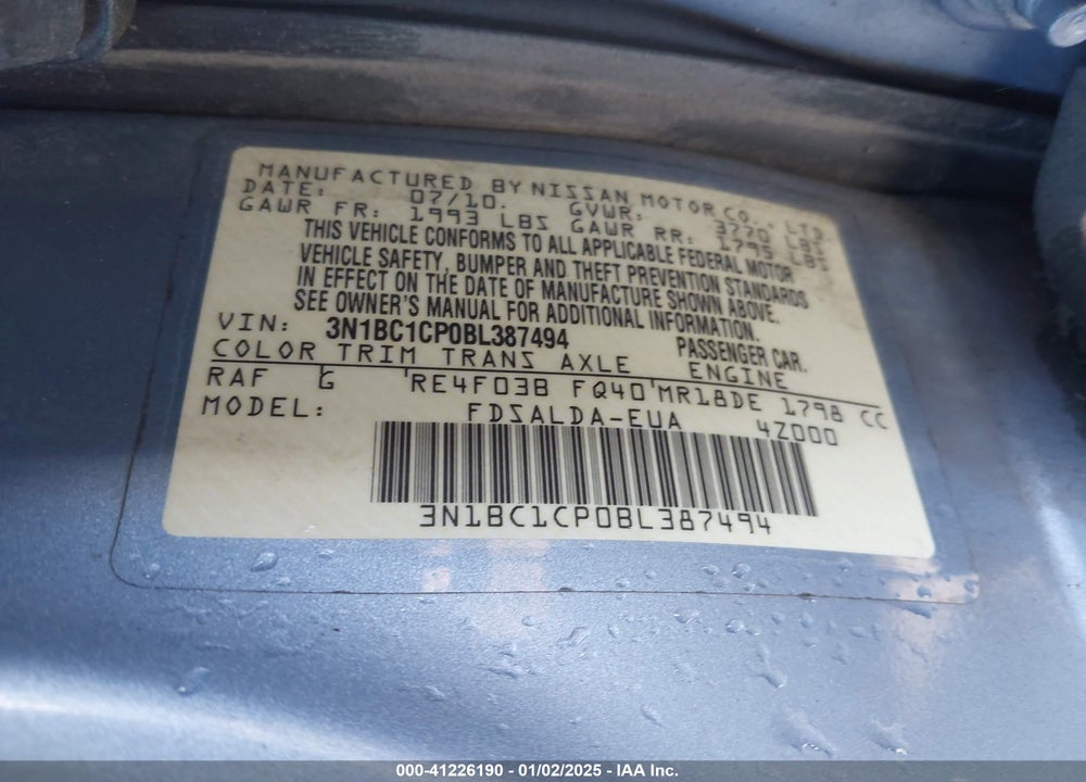 2011 NISSAN VERSA VIN: 3N1BC1CP0BL387494
