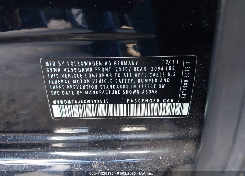2012 VOLKSWAGEN GOLF TDI 4-DOOR VIN: WVWDM7AJ4CW192515