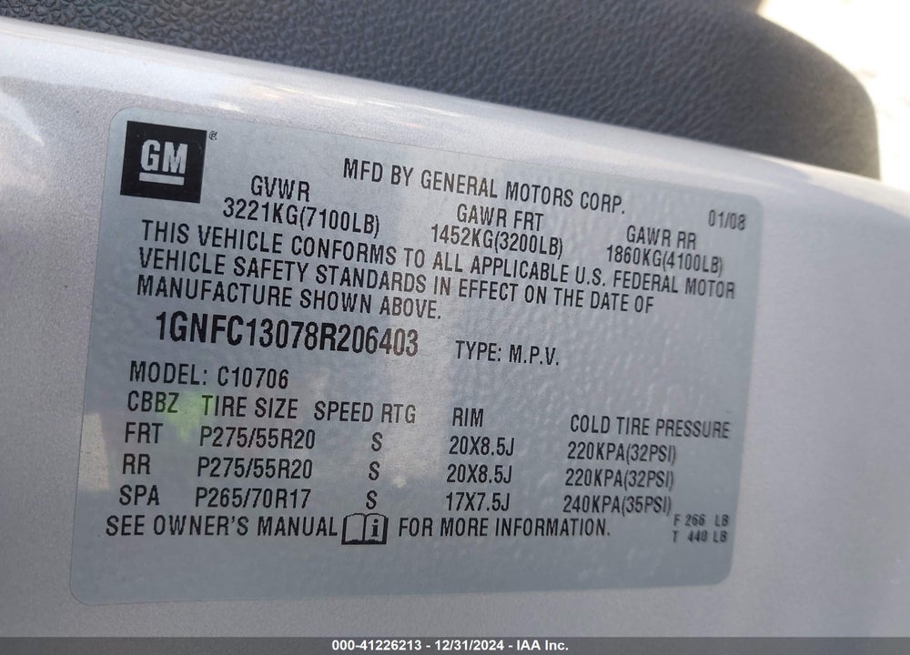 2008 CHEVROLET TAHOE LTZ VIN: 1GNFC13078R206403