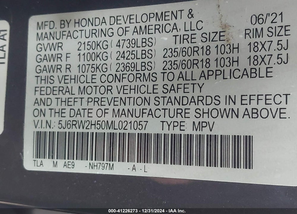 2021 HONDA CR-V AWD EX VIN: 5J6RW2H50ML021057