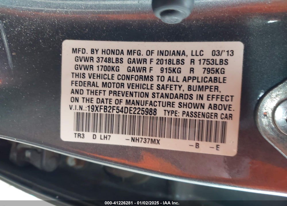 2013 HONDA CIVIC LX VIN: 19XFB2F54DE225988