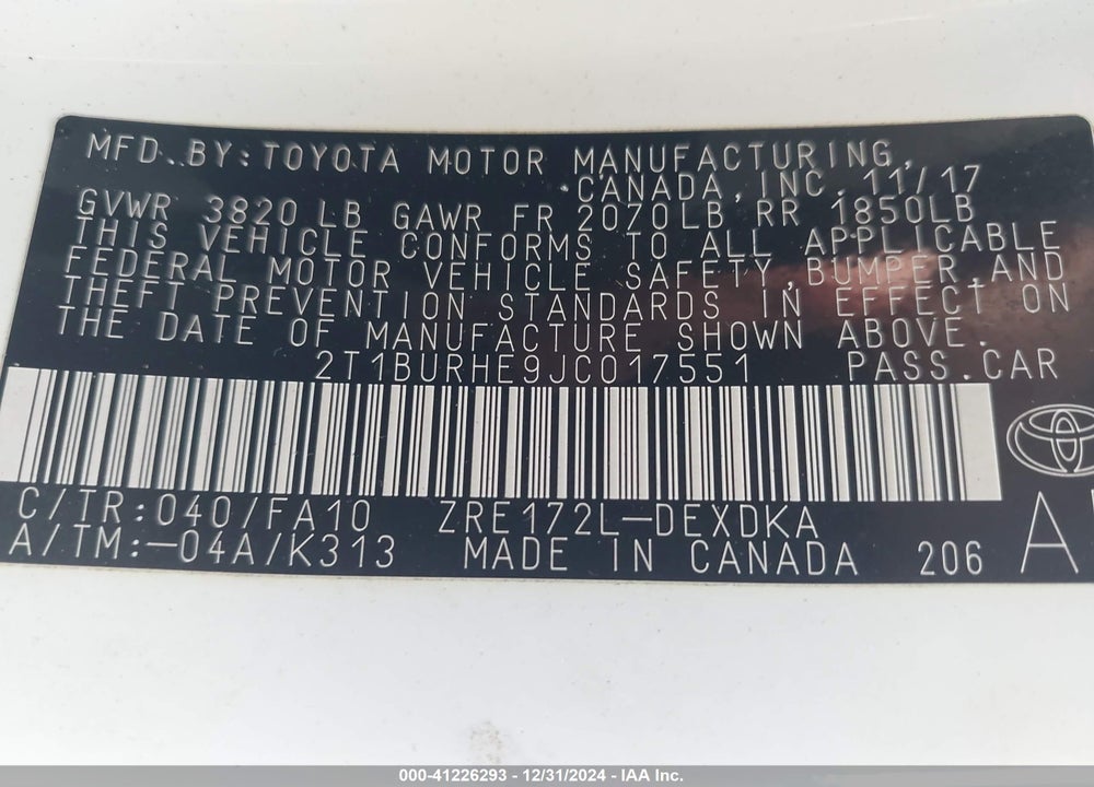 2018 TOYOTA COROLLA VIN: 2T1BURHE9JC017551