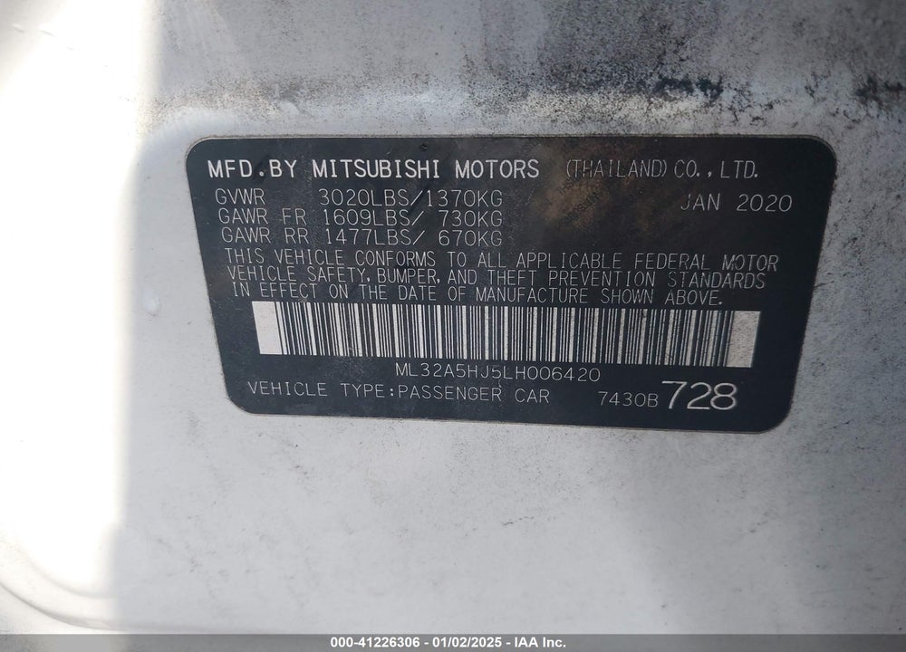 2020 MITSUBISHI MIRAGE VIN: ML32A5HJ5LH006420