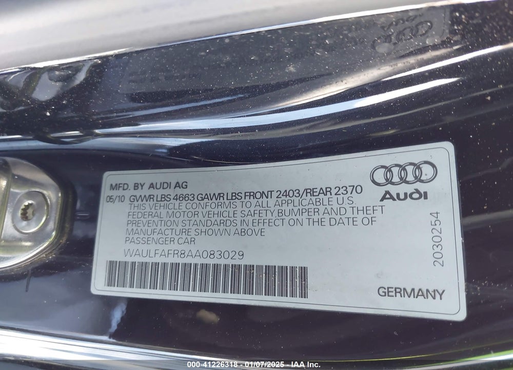 2010 AUDI A5 2.0T PREMIUM VIN: WAULFAFR8AA083029