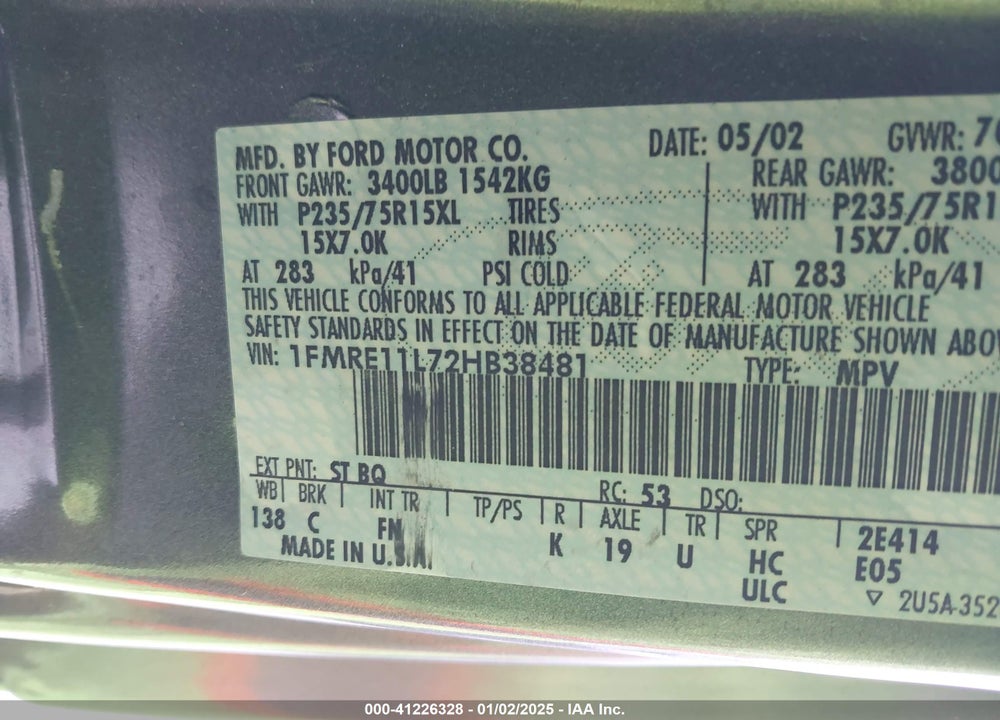 2002 FORD E-150 XL/XLT VIN: 1FMRE11L72HB38481