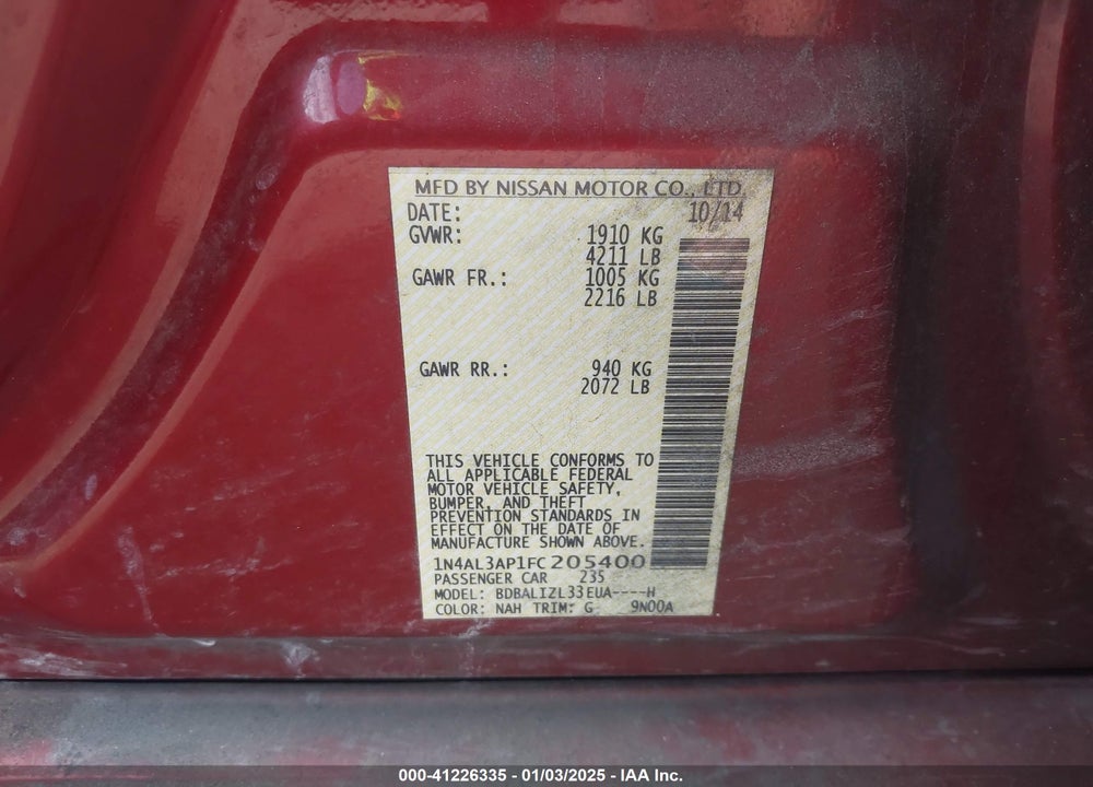 2015 NISSAN ALTIMA VIN: 1N4AL3AP1FC205400