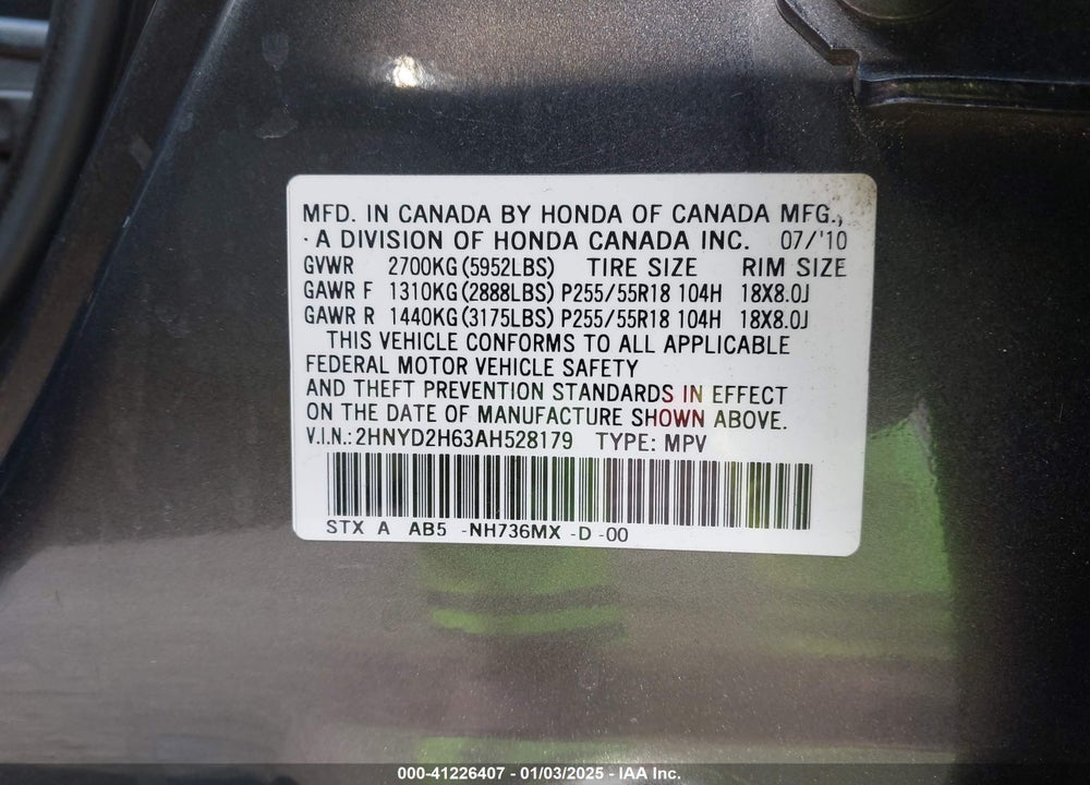 2010 ACURA MDX TECHNOLOGY PACKAGE VIN: 2HNYD2H63AH528179