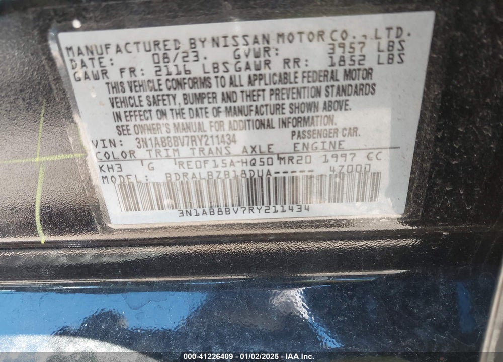 2024 NISSAN SENTRA VIN: 3N1AB8BV7RY211434