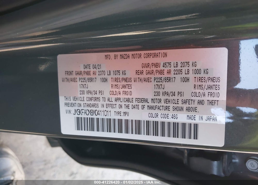 2021 MAZDA CX-5 TOURING VIN: JM3KFACM8M0411011