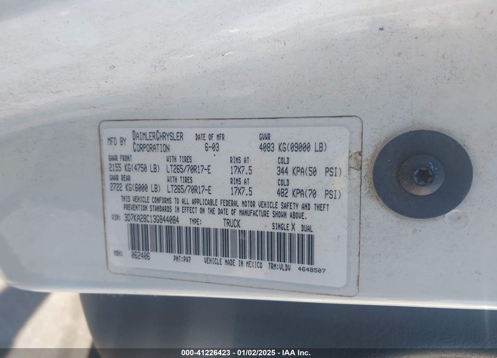 2003 DODGE RAM 2500 SLT/LARAMIE/ST VIN: 3D7KA28C13G844084