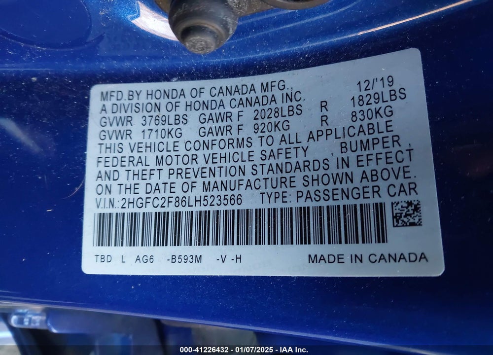 2020 HONDA CIVIC SPORT VIN: 2HGFC2F86LH523566