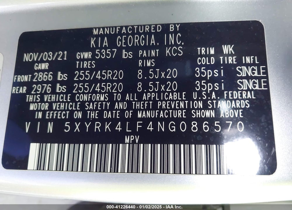 2022 KIA SORENTO SX PRESTIGE VIN: 5XYRK4LF4NG086570