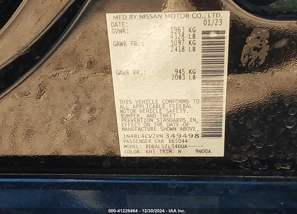 2023 NISSAN ALTIMA SR FWD VIN: 1N4BL4CV2PN349498