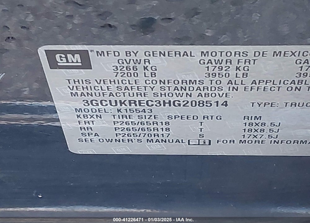 2017 CHEVROLET SILVERADO 1500 VIN: 3GCUKREC3HG208514