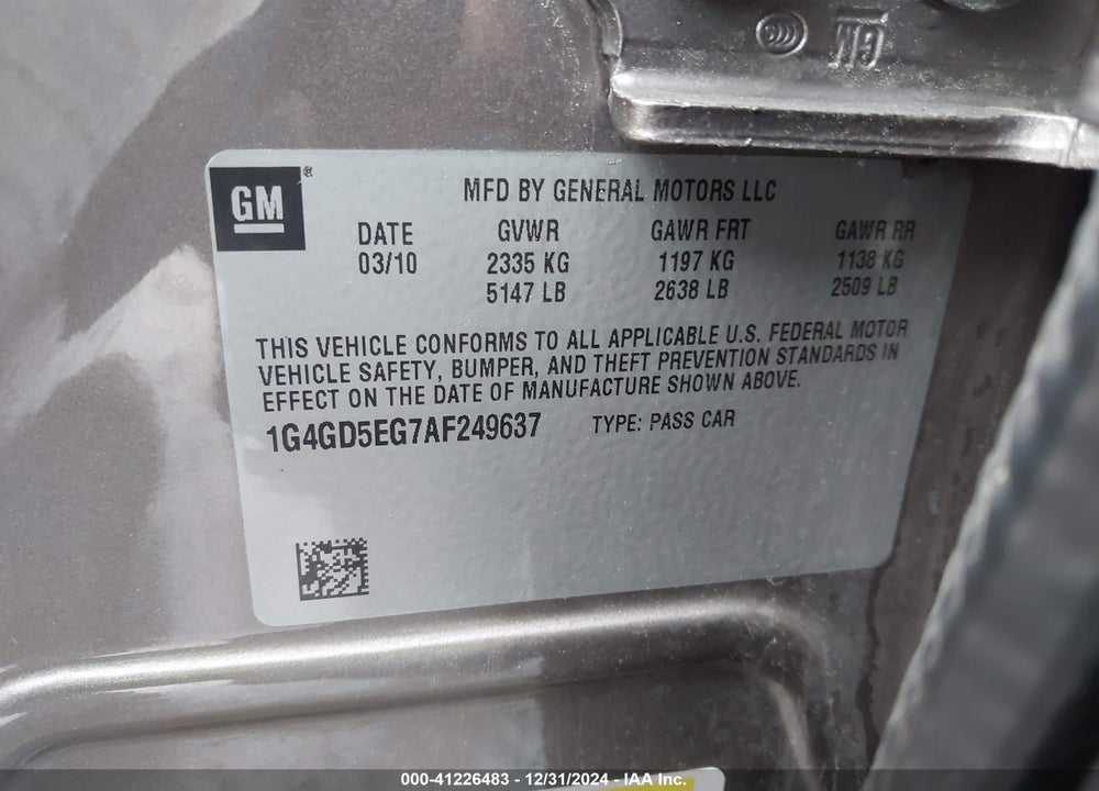 2010 BUICK LACROSSE CXL VIN: 1G4GD5EG7AF249637
