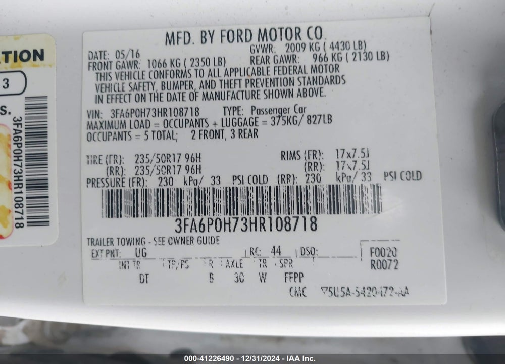 2017 FORD FUSION VIN: 3FA6P0H73HR108718