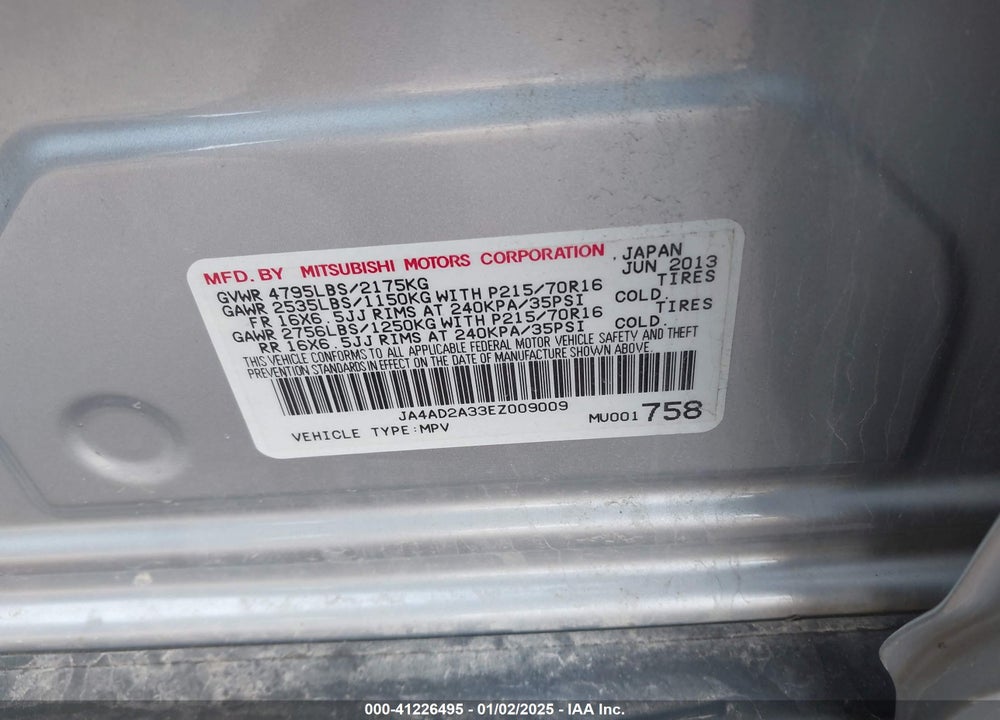 2014 MITSUBISHI OUTLANDER ES VIN: JA4AD2A33EZ009009