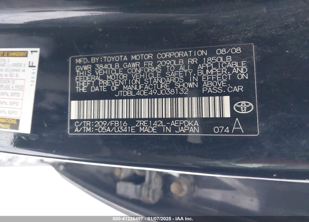 2009 TOYOTA COROLLA VIN: JTDBL40E49J038132