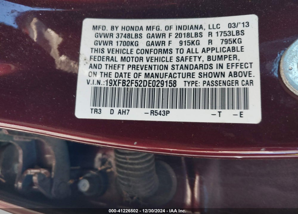 2013 HONDA CIVIC LX VIN: 19XFB2F52DE029158