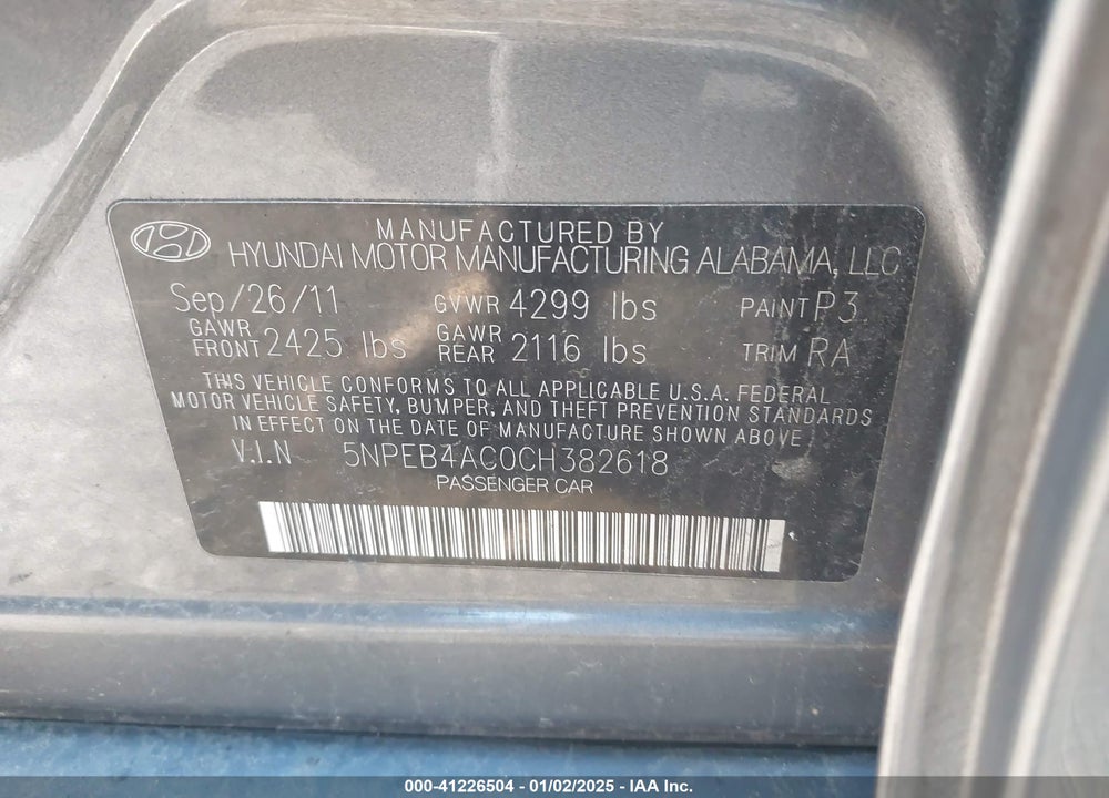 2012 HYUNDAI SONATA GLS VIN: 5NPEB4AC0CH382618