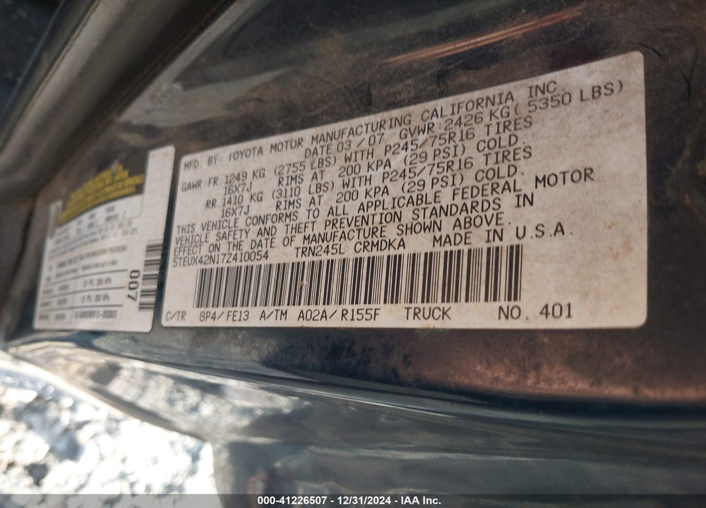 2007 TOYOTA TACOMA VIN: 5TEUX42N17Z410054